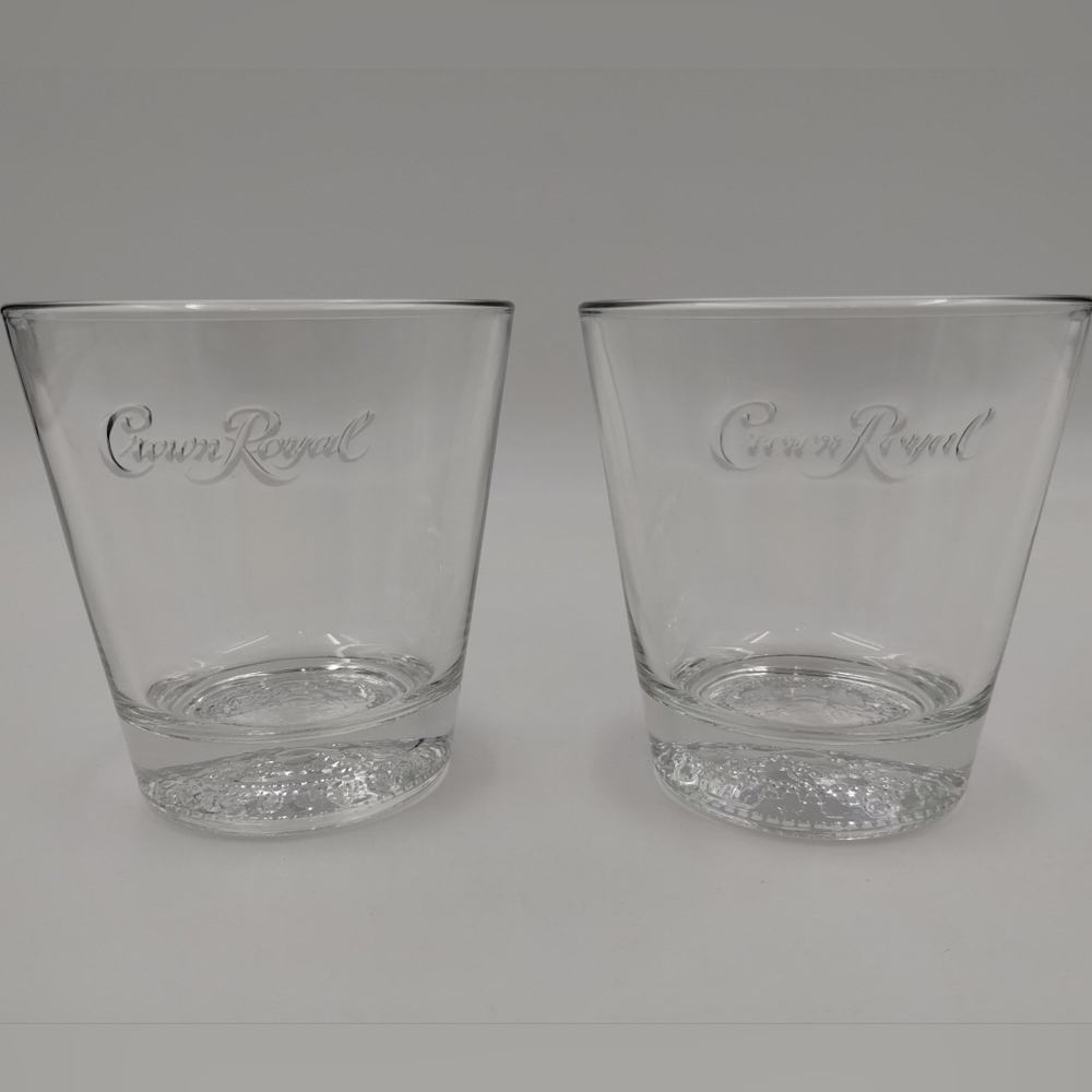 𝅺SET of 2 Crown Royal Whiskey Lowball Glass Tumblers Embossed